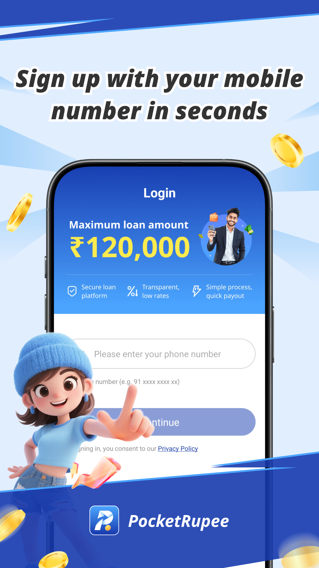 PocketRupee login screen with phone number sign-up