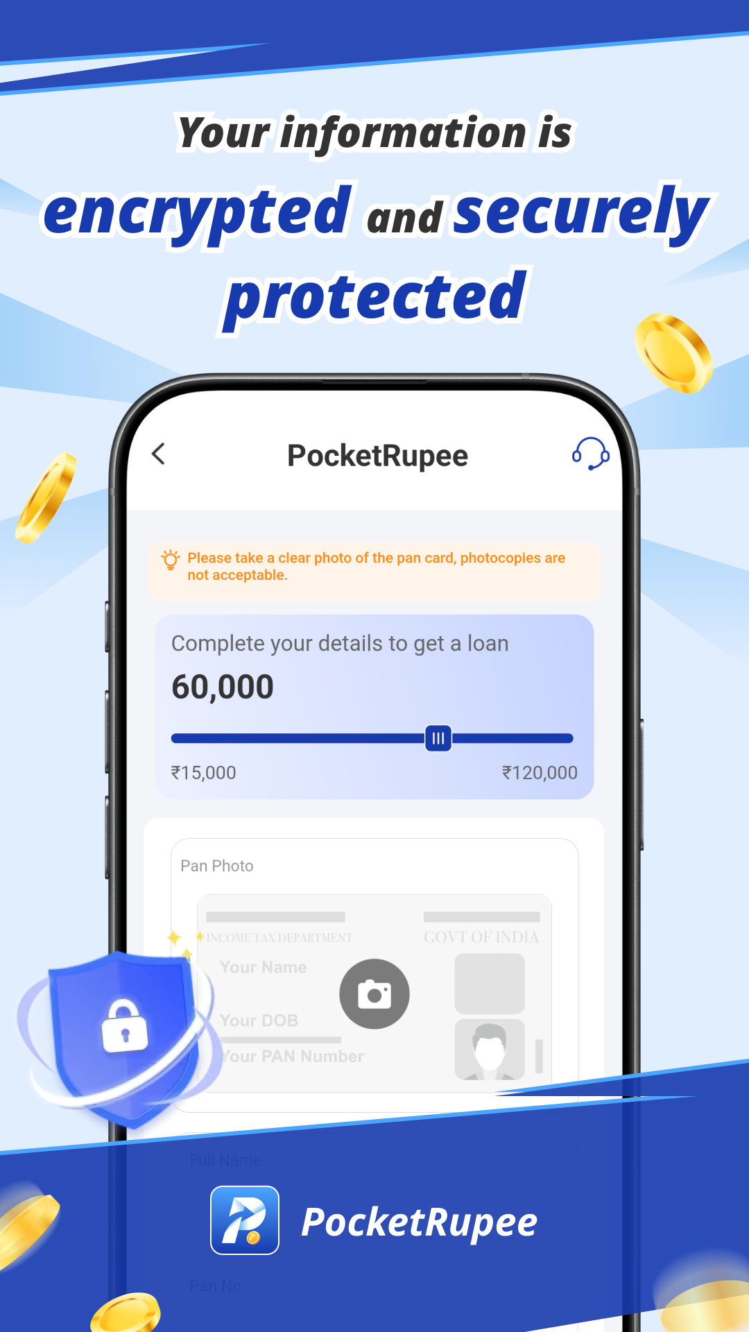 PocketRupee secure KYC flow with PAN upload and encryption messaging